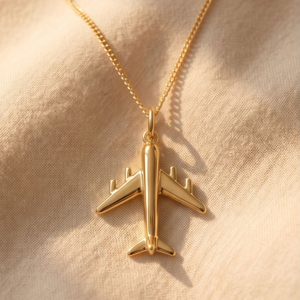 Gold airplane pendant on a gold chain against a beige fabric background