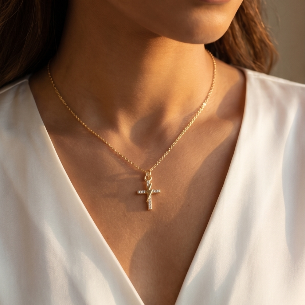 Gold necklace with a cross pendant worn by a person in a white top.