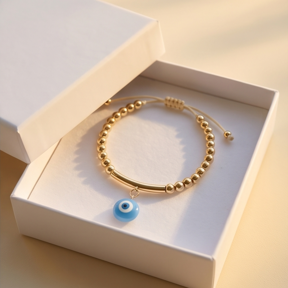 18k gold plated evil eye bracelet displayed inside a white gift box with turquoise enamel charm