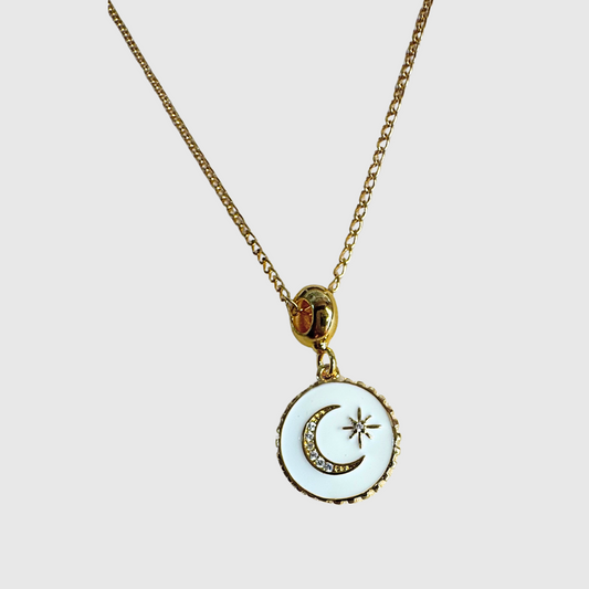 18K gold-plated chain with white enamel moon and star pendant and charm holder