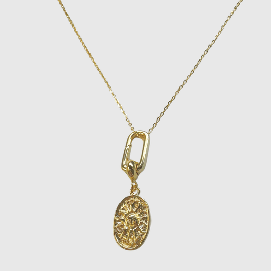 18K gold-plated chain with paperclip charm holder and oval sun medallion pendant