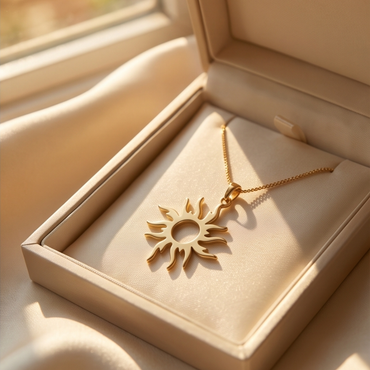 Gold sun-shaped pendant necklace on a beige jewelry box