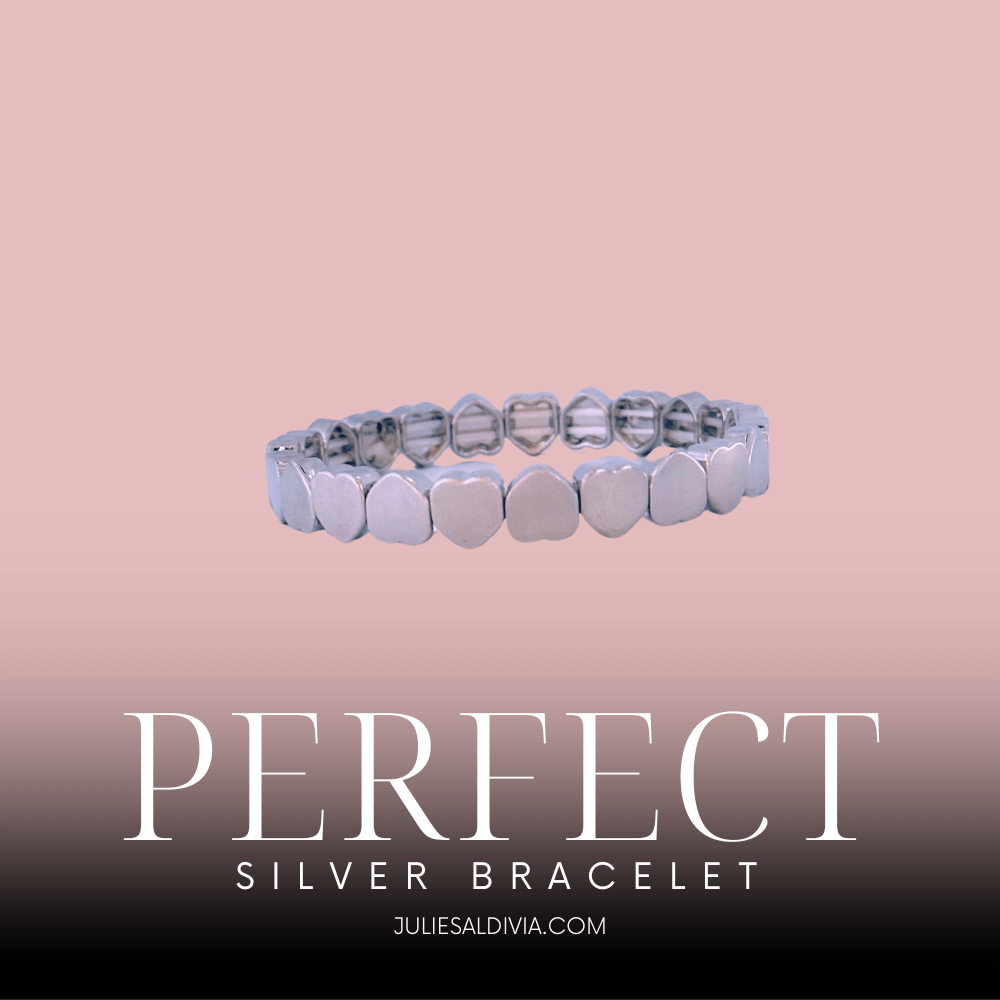 Silver heart stretch bracelet with polished heart links, elegant and comfortable Valentine’s Day jewelry for women