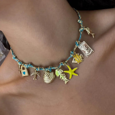 Gold Travel Charm Choker Necklace – Braided Cord, Adjustable