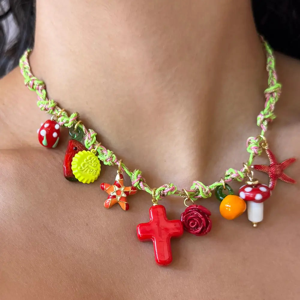 Handmade braided cord choker with colorful charms—mushroom, starfish, cross, rose—adjustable fit