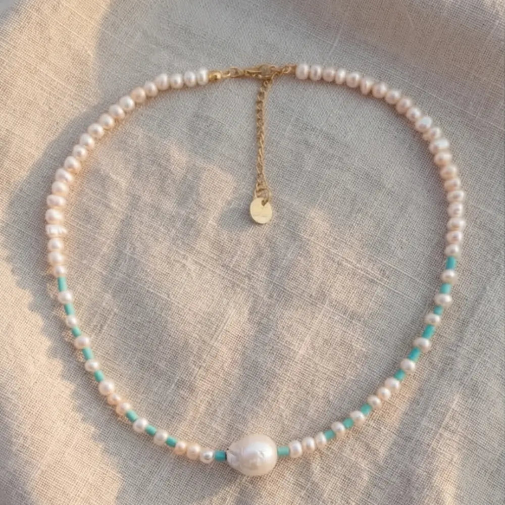 Freshwater Pearl & Turquoise Beaded Necklace | Summer Jewelry | Julie Saldivia