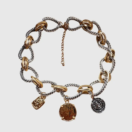 Mixed Metal Chunky Chain Necklace With Vintage Coin Charms