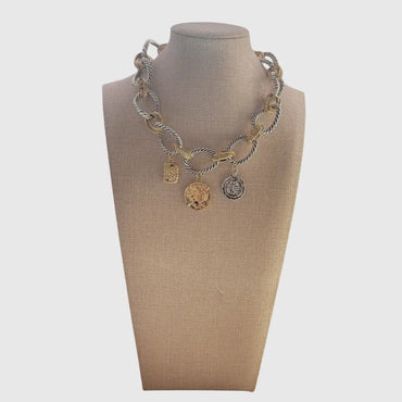 Mixed Metal Chunky Chain Necklace With Vintage Coin Charms