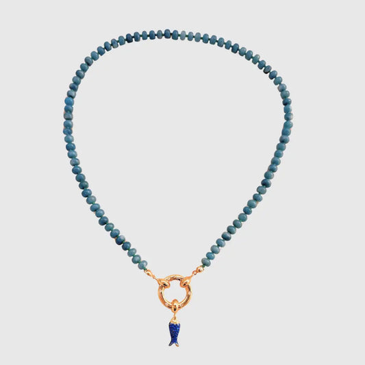 Handmade natural jade beaded necklace with gold ring clasp and navy enamel fish charm.