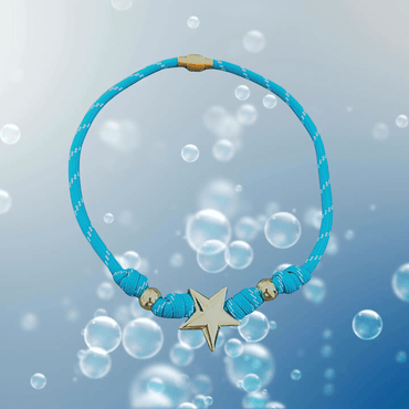 Turquoise paracord necklace with magnetic star charm in 18K gold plating, handmade water-resistant jewelry by Julie Saldivia