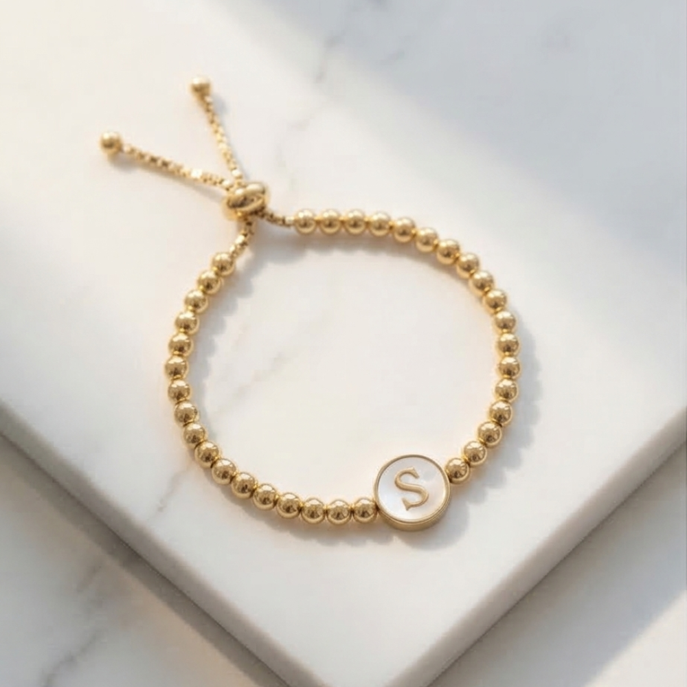 Adjustable Mother of Pearl Initial Bracelet – Personalized Gold Letter Bracelet