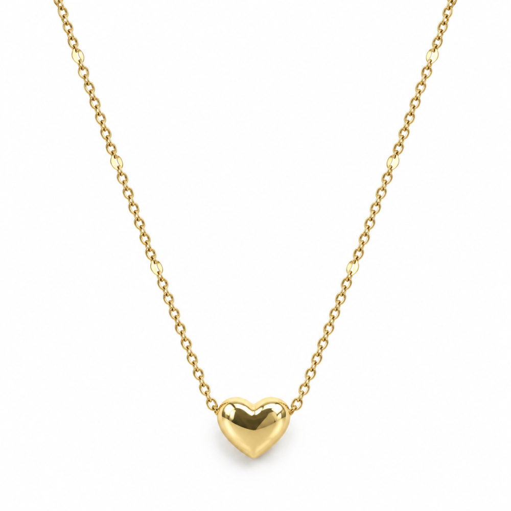 Adjustable 18k gold plated necklace with a polished puffed heart pendant and delicate fine chain