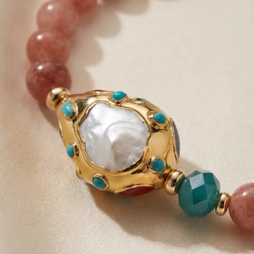 Angelite beaded statement necklace with dusty rose angelite stones, baroque pearl pendant and turquoise accents in gold setting