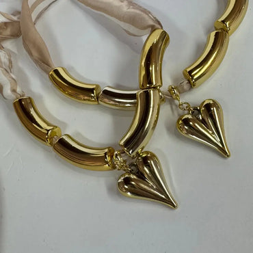 Gold Tube Choker Necklace with Heart Pendant