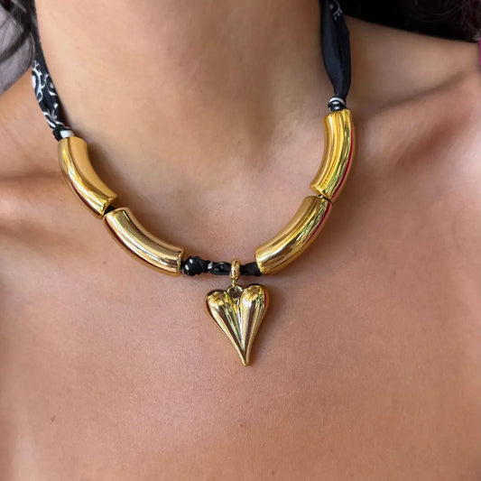 Gold Tube Choker Necklace with Heart Pendant