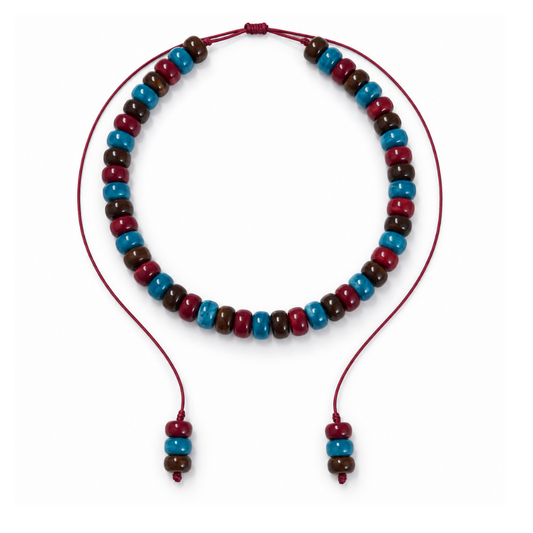 Bordeaux, teal and chocolate-brown beaded necklace with a sliding bordeaux cord and three beads on each end.