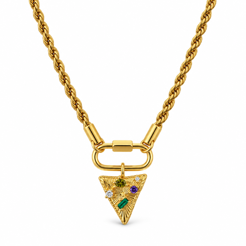Celeste Triangle Statement Necklace in stainless steel with gold-tone rope chain, front clasp and multicolor triangular pendant