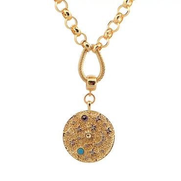 Gold necklace with a detailed pendant on a white background