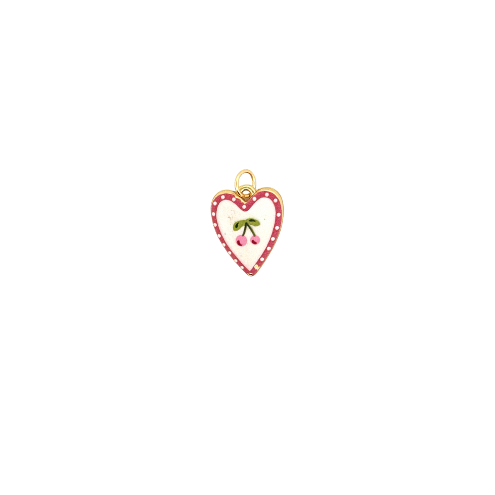 Heart-shaped enamel charm featuring cherries.