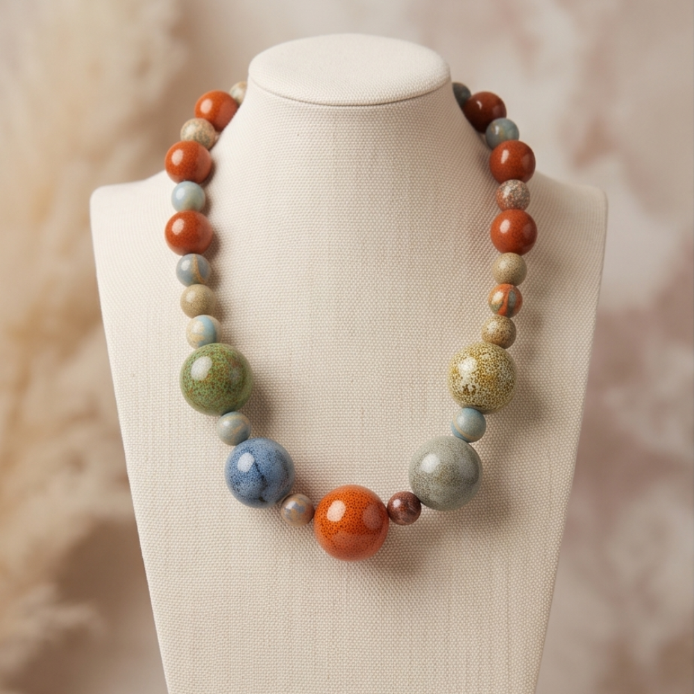 Oversized ceramic bead necklace displayed on neutral jewelry bust