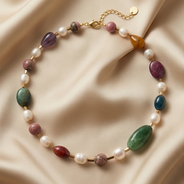 colorful gemstone pearl necklace flat lay on soft neutral fabric with gold details