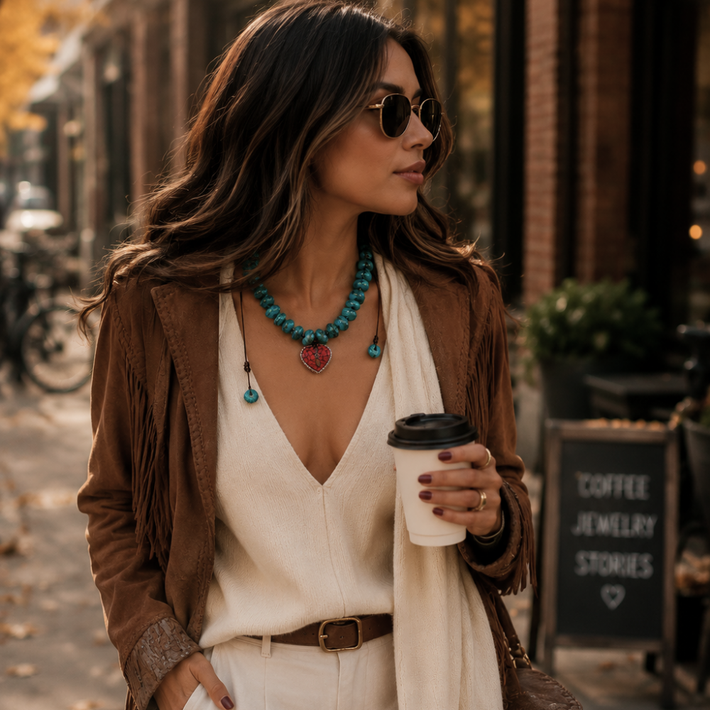 Woman wearing Crimson Relic turquoise and red heart statement necklace styled with a neutral fall outfit in an outdoor lifestyle setting