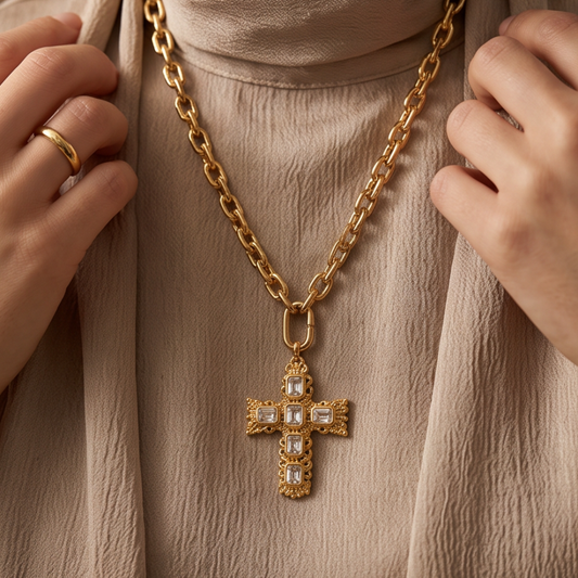 Élan Link Crystal Cross Necklace – 18K Gold Plated Statement Chain