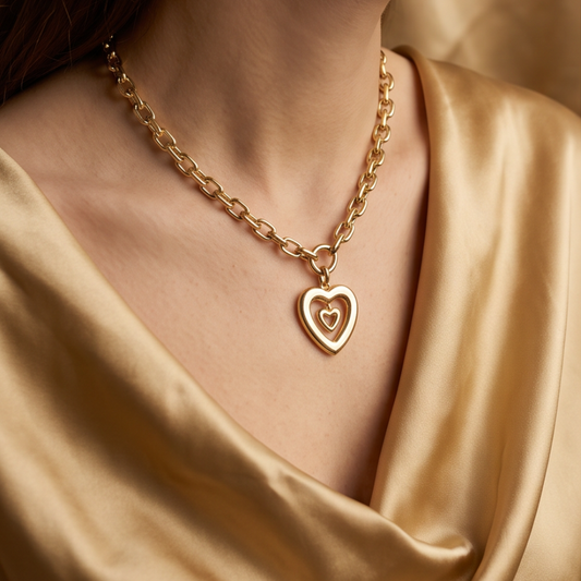 Woman wearing Élan Link 18K gold plated double heart necklace