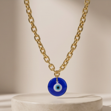 Élan Link 18-inch gold necklace with blue glass evil eye pendant