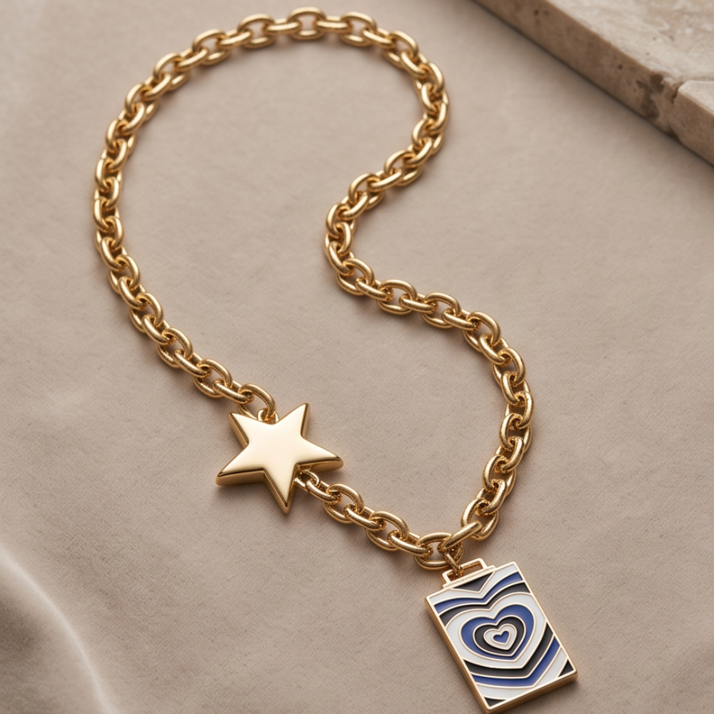 Élan Link 26-inch gold necklace with polished star connector and blue enamel heart talisman pendant