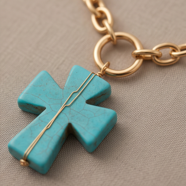 Close-up of turquoise stone cross wrapped with gold wire on Élan Link Y necklace