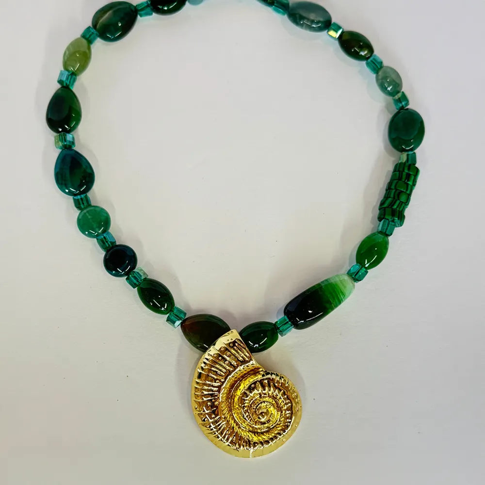 Emerald Green Agate & Gold Spiral Shell Necklace
