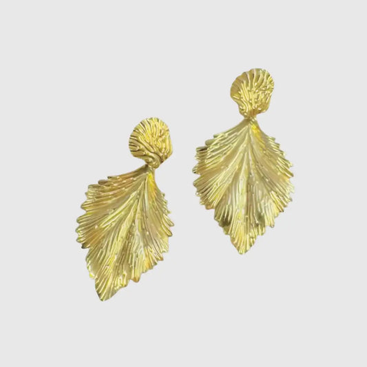 Golden Textured Leaf Statement Drop Earrings