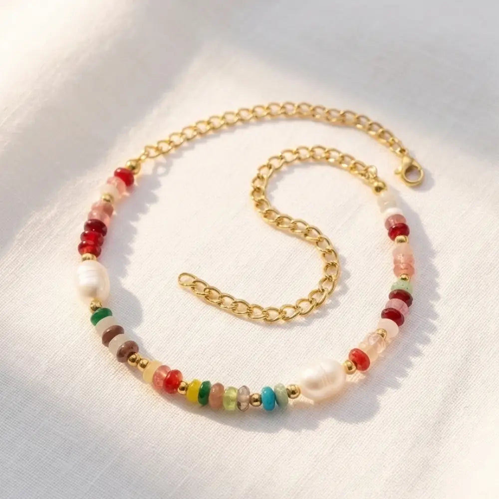 Adjustable gold anklet with multicolor beads and pearl charm on white background
FILE NAME: