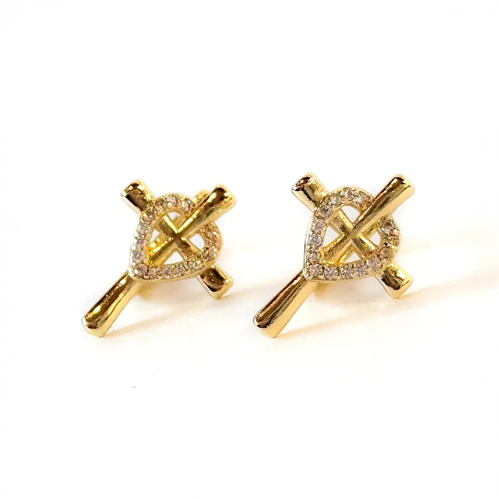 Gold Cross And Heart Earrings With Sparklingstone-Huggie Hoop Closure