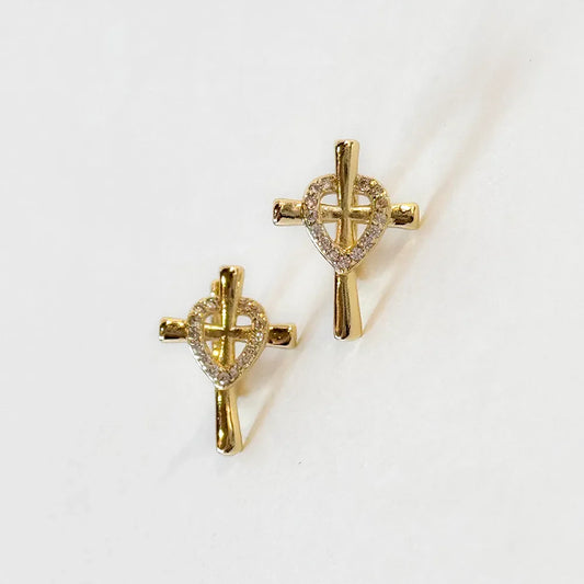 Gold Cross And Heart Earrings With Sparklingstone - Huggie Hoop Closure