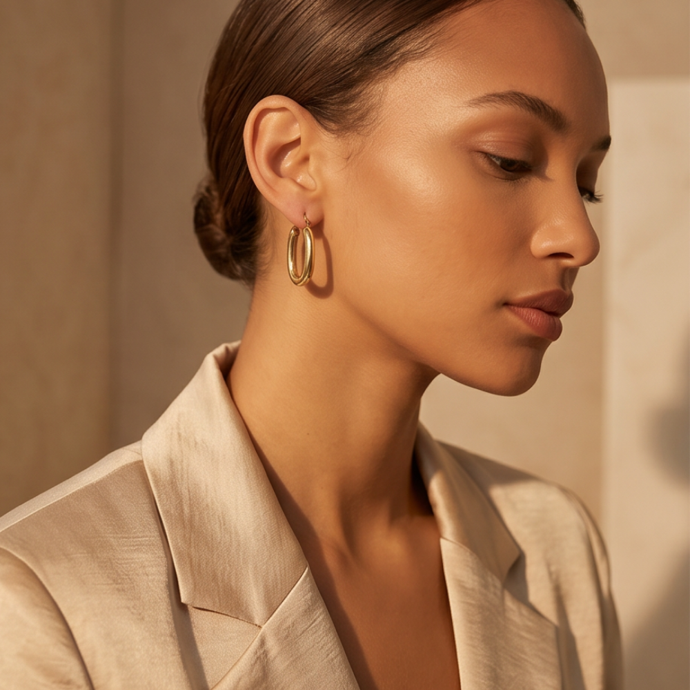 Woman wearing gold hoop earrings with a neutral background