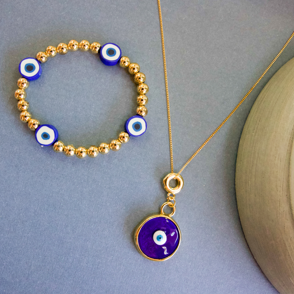 Gold Evvil Eye Necklace With Navy Blue Enemal Pendant-Elegant Protection Charm - Available at Julie Saldivia Jewelry