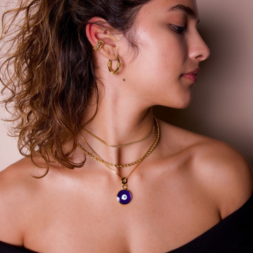 Gold Evvil Eye Necklace With Navy Blue Enemal Pendant-Elegant Protection Charm