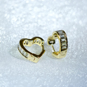 Gold Heart Hoop Earrings With Baquette Crystals - Elegant Sparkle For Women