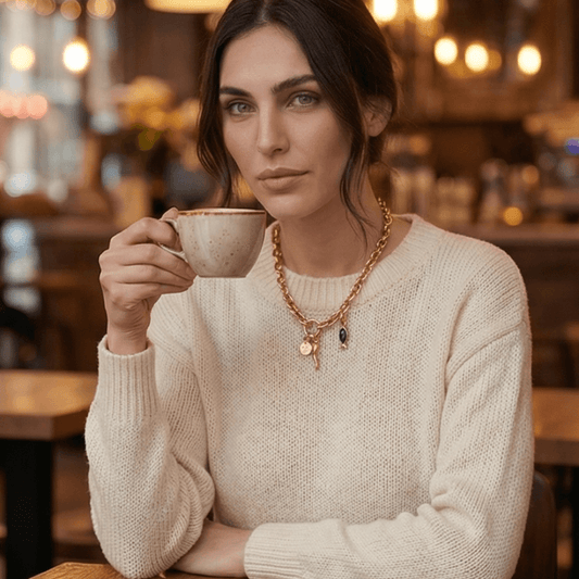 Lucky charms gold chain necklace with love coin charm, horn charm and blue enamel fish pendant on chunky gold chain.