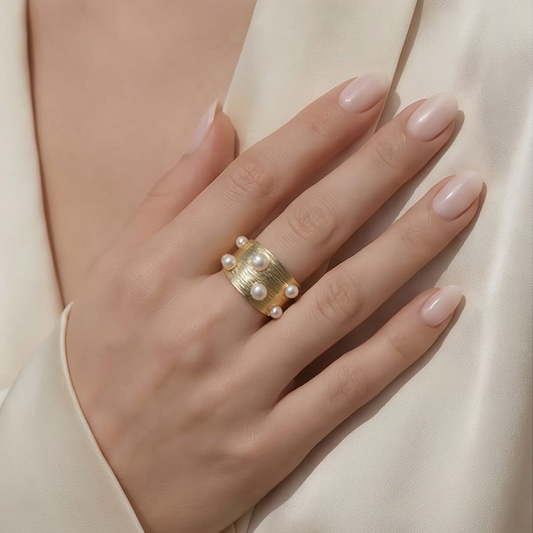 Gold Pearl Statement Ring – Textured Wide Band Ring for Women