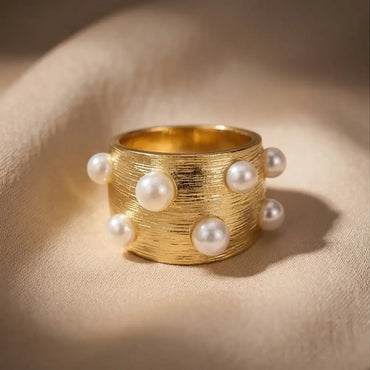 Gold Pearl Statement Ring – Textured Wide Band Ring for Women