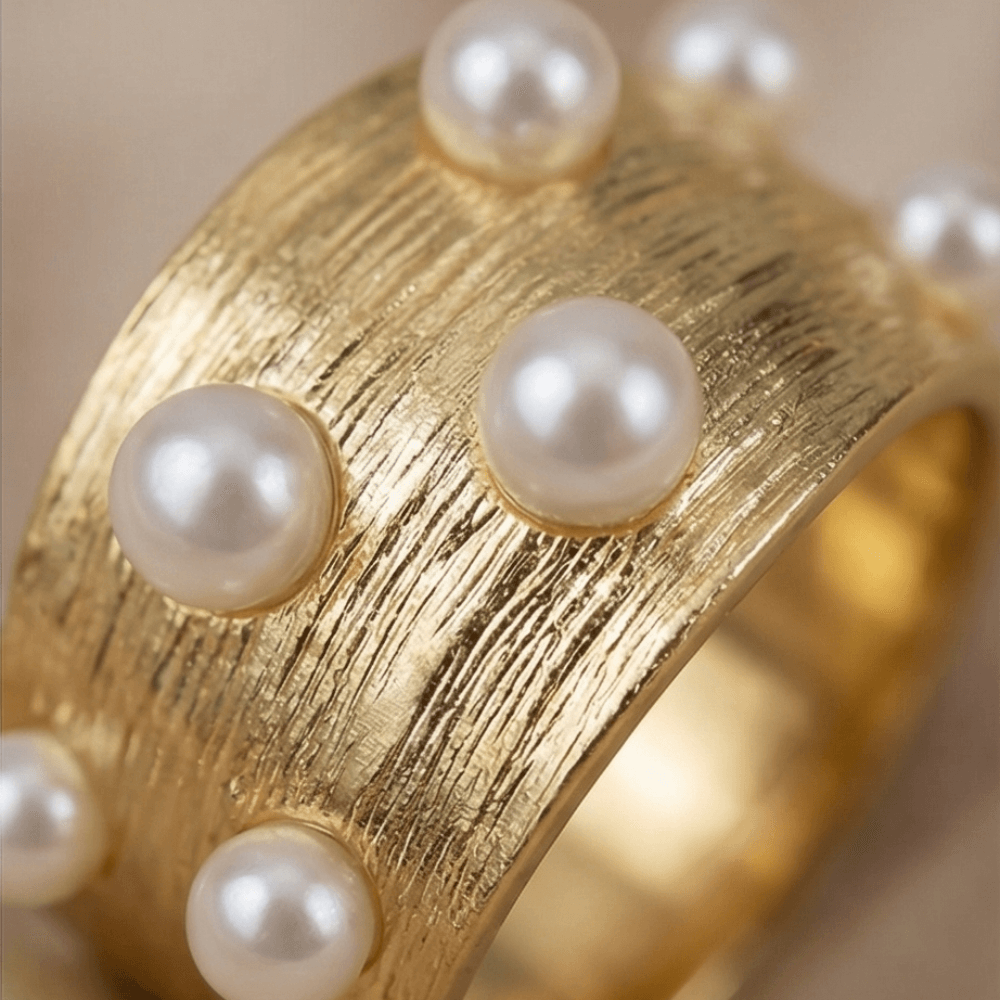 Gold Pearl Statement Ring – Textured Wide Band Ring for Women