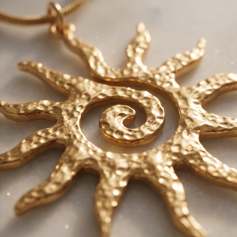 Close-up of gold textured sun pendant necklace with spiral center detail in 316L stainless steel