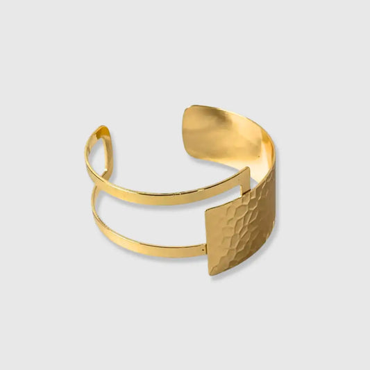 Gold Tone Stainless Steel Hammered Open Cuff Bracelet For Women