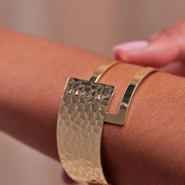 Gold Tone Stainless Steel Hammered Open Cuff Bracelet For Women