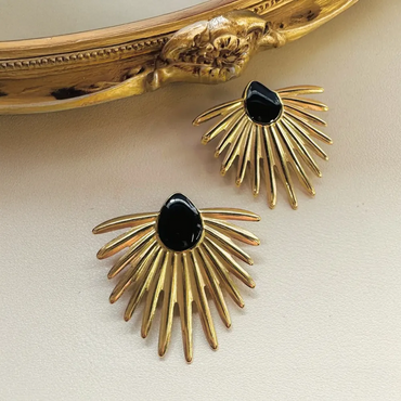 Golden Radiance Fan Earrings with Black Onyx Accent