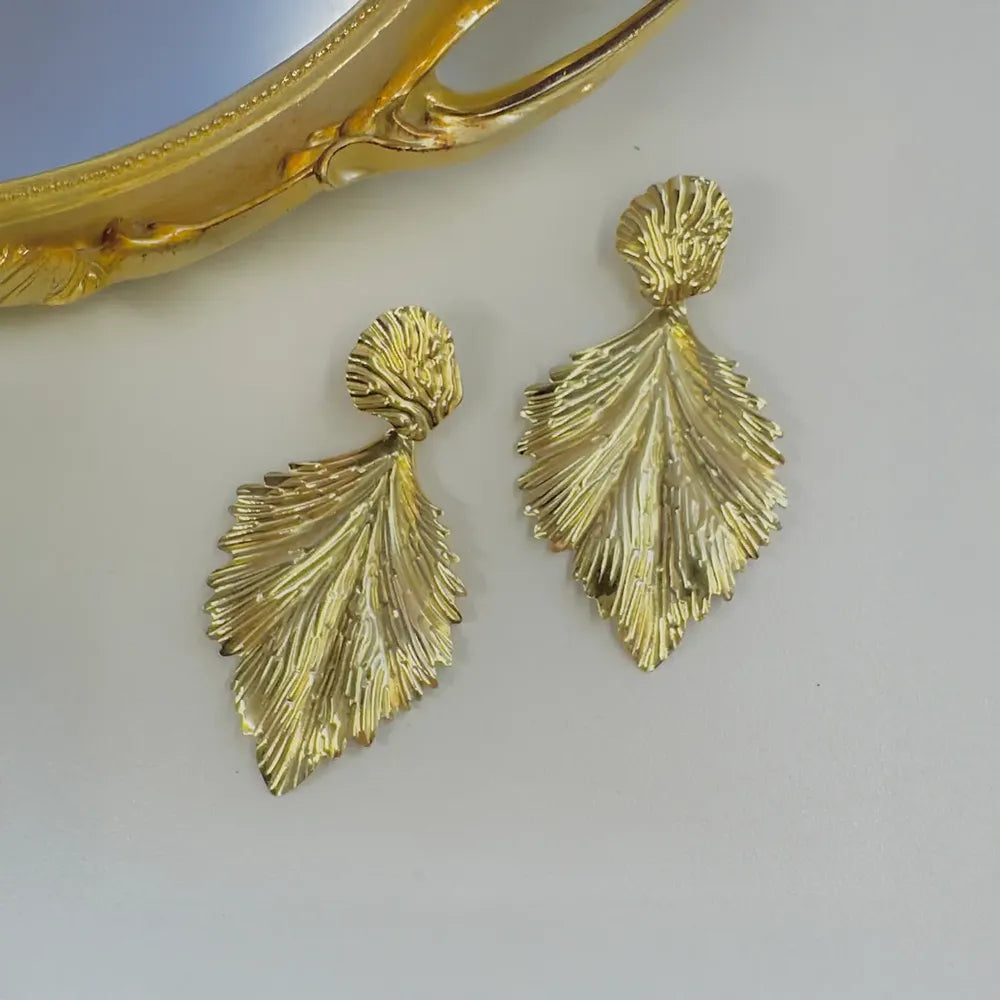 Golden Textured Leaf Statement Drop Earrings