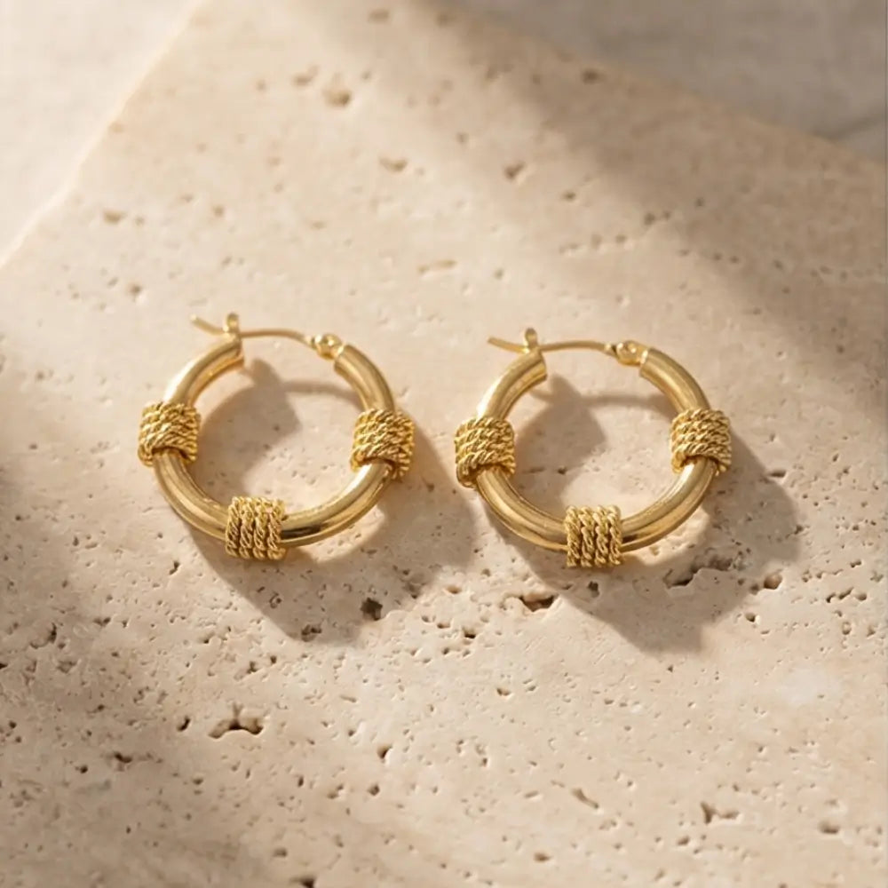 gold hoop earrings with textured wrap design modern statement earrings 18k gold plated